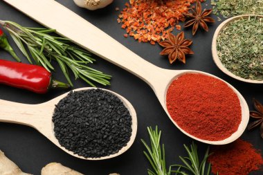 Siyah masadaki kaşıklardaki farklı aromatik baharatlar.