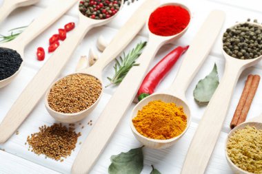 Beyaz ahşap masadaki kaşıklarda farklı aromatik baharatlar, yakın plan.