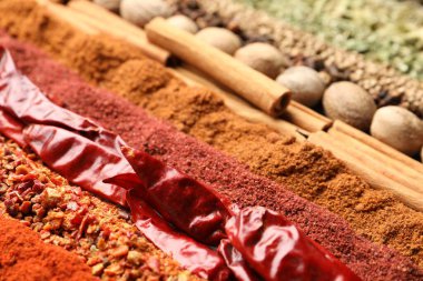 Arkaplan olarak birçok farklı baharat, yakın görünüm