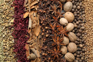 Arka plan olarak birçok farklı baharat, üst görünüm