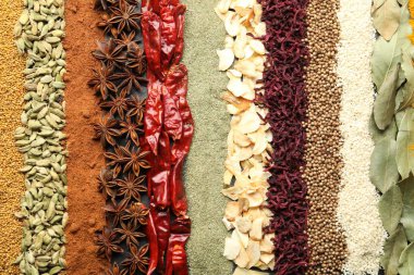 Arka plan olarak birçok farklı baharat, üst görünüm