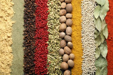 Arka plan olarak birçok farklı baharat, üst görünüm