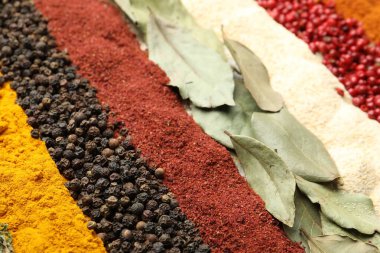 Arkaplan olarak birçok farklı baharat, yakın görünüm