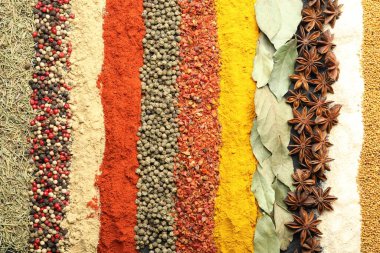 Arka plan olarak birçok farklı baharat, üst görünüm