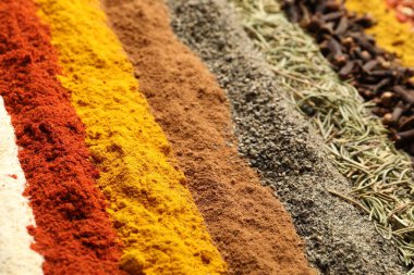 Arka plan olarak çok farklı aromatik baharatlar, yakın plan