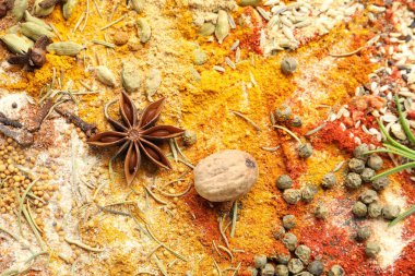 Arka plan, üstten görünüm olarak farklı Aromatik baharatlar