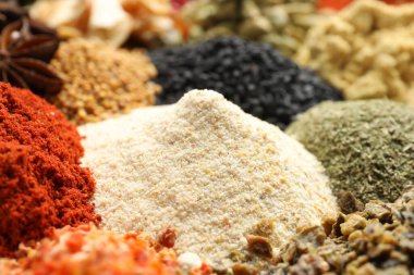 Arkaplan olarak birçok farklı baharat, yakın görünüm