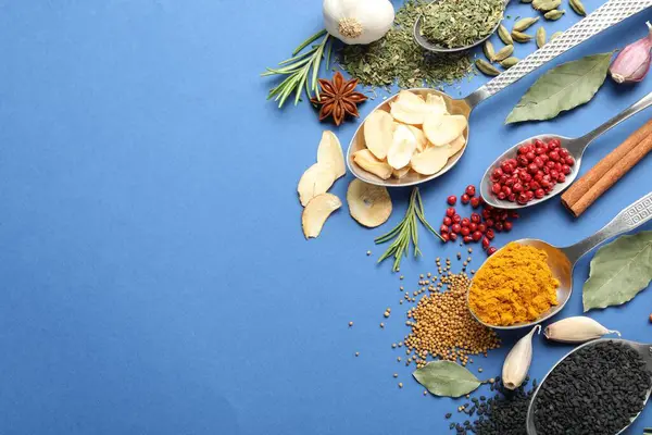 Mavi arka planda farklı aromatik baharatlar var. Metin için boşluk