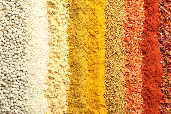 Arka plan olarak birçok farklı baharat, üst görünüm