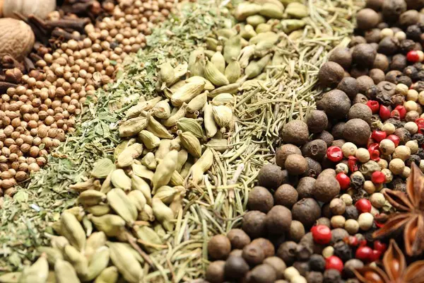 Arkaplan olarak birçok farklı baharat, yakın görünüm