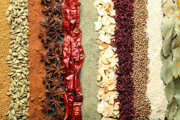 Arka plan olarak birçok farklı baharat, üst görünüm