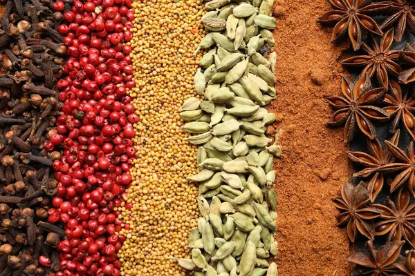 Arka plan olarak birçok farklı baharat, üst görünüm