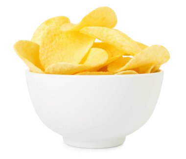 beyaz izole kase lezzetli patates cipsi