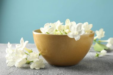 Güzel yasemin çiçekleri gri masada açık mavi arkaplanda, yakın plan