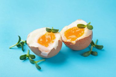 Hafif kaynamış yumurtalar ve açık mavi arka planda mikro yeşiller. Yakın plan.