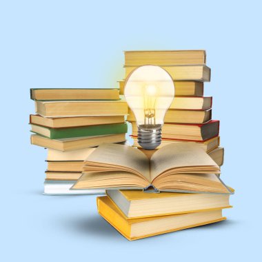 Pastel mavi arka plan üzerine havadaki ampul. Fikir ve bilgi