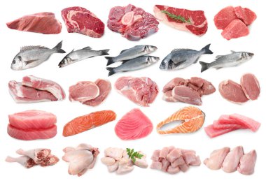 Balık ve et. Beyaz arka planda farklı ham ürünler, kolaj