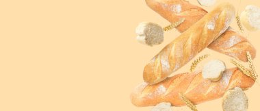 Taze ekmek ve dikenler bej arka plana düşüyor. Metin için alanı olan pankart tasarımı