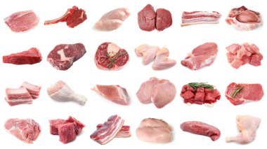 Farklı türde taze et, beyaza izole edilmiş, kolaj. Biftek, domuz, tavuk ve dana eti.