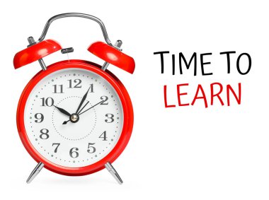 Alarm saati ve sözcükleri beyaz arkaplanda öğrenme zamanı