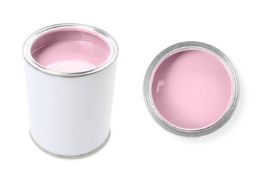 Pastel pembe boya, beyaza izole edilmiş. Üst ve yan görünüm