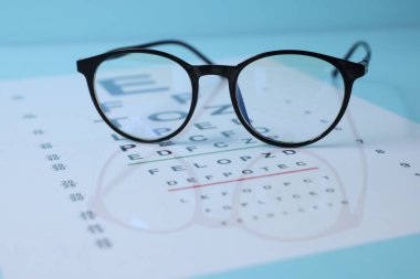 Açık mavi arkaplanda gözlük ve görüş testi grafiği, yakın plan