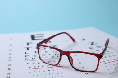 Açık mavi arkaplanda gözlük ve görüş testi grafiği, yakın plan