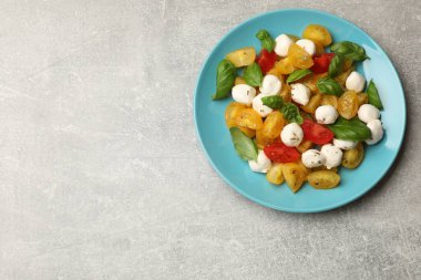 Sarı domatesli lezzetli salata, fesleğen ve açık gri masada mozzarella peyniri, üst manzara. Metin için boşluk