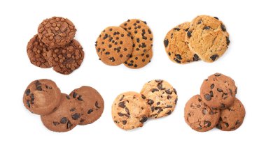 Beyaza izole edilmiş çikolatalı kurabiyeler, kolaj.