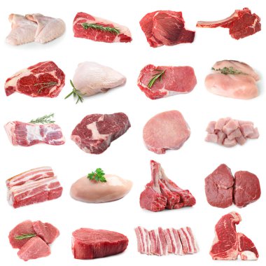 Farklı türde taze et, beyaza izole edilmiş, kolaj. Biftek, domuz, tavuk ve dana eti.