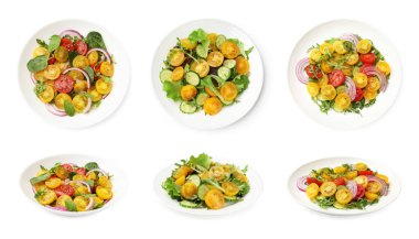 Beyaz arka planda sarı ve kırmızı domatesli lezzetli taze salatalar, kolaj. Üst ve yan görünüm