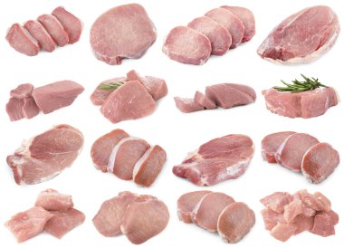 Beyaz arka planda taze çiğ domuz eti, kolaj.