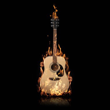 Siyah arka planda alevler içinde akustik gitar