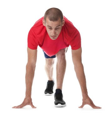 Beyaz arkaplanda başlangıç konumunda çalışan