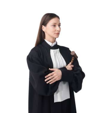 Beyaz arka planda çekiçle yargıç portresi