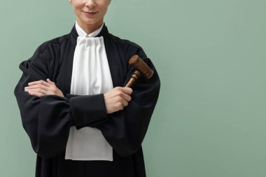 Açık yeşil arka planda tokmaklı yargıç, yakın plan. Metin için boşluk