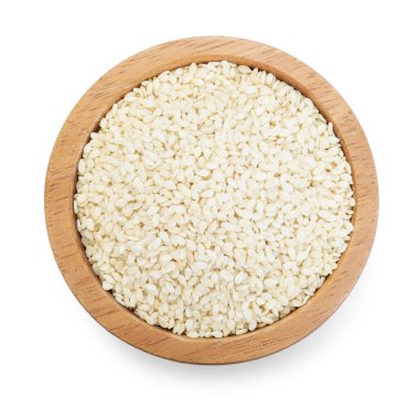 Beyaz kasede izole edilmiş susam tohumları, üst manzara