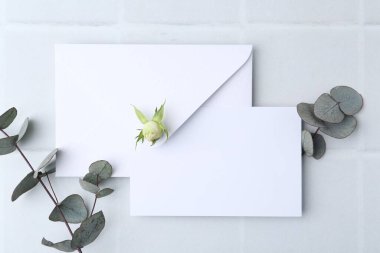 Boş tebrik kartı, kağıt zarf ve okaliptüs dalları ışık kartonlu arka plan, düz uzanma