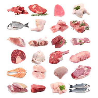 Balık ve et. Beyaz arka planda farklı ham ürünler, kolaj