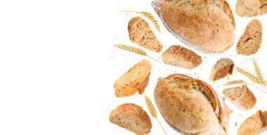 Taze ekmek ve dikenler beyaz arka plana düşüyor. Metin için alanı olan pankart tasarımı