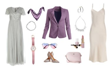 Beyaza izole edilmiş şık kadın kıyafetleri ve aksesuarları. Şık kıyafet kolajı