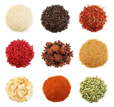 Beyaz arka planda farklı aromatik baharatlar, set. Üst görünüm