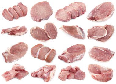 Beyaz arka planda taze çiğ domuz eti, kolaj.