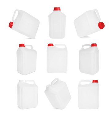 Beyaz arka planda plastik kutu, kolaj. Farklı taraflardan görünüm