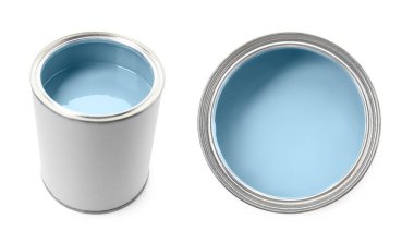 Pastel mavisi teneke kutu beyaza izole edilmiş. Üst ve yan görünüm