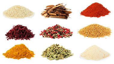 Beyaz arka planda farklı aromatik baharatlar, kolaj