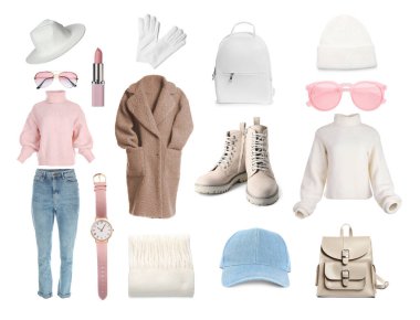 Beyaza izole edilmiş şık kadın kıyafetleri ve aksesuarları. Şık kıyafet kolajı