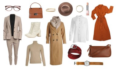 Beyaza izole edilmiş şık kadın kıyafetleri ve aksesuarları. Şık kıyafet kolajı