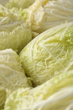 Arka plan olarak pek çok taze Çin lahanası, yakın plan