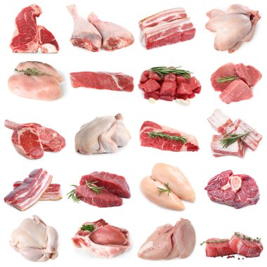 Farklı türde taze et, beyaza izole edilmiş, kolaj. Biftek, domuz, tavuk ve dana eti.